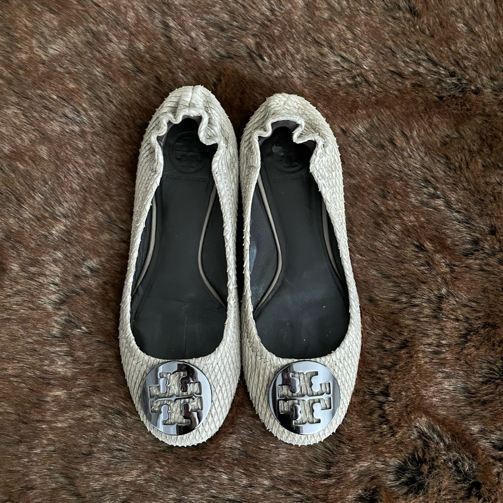 Tory Burch Reva Distressed Python Flats Size 7 - image 1
